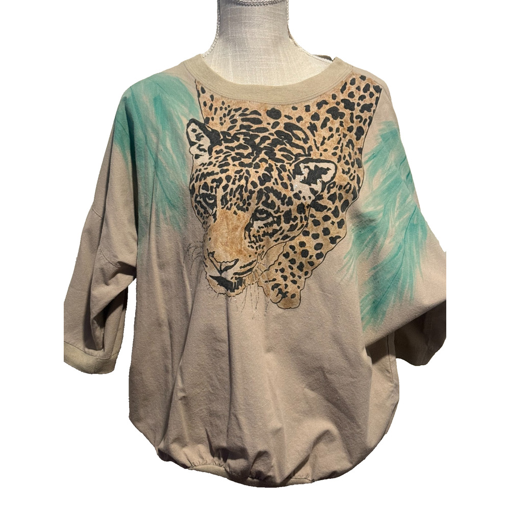 Vintage Leopard Face Graphic Top XL Oversized Animal Print Safari Boho Cotton